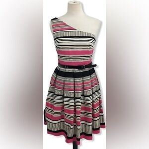 London Times Striped One-Shoulder Dress in Pink and Black with Patent Belt